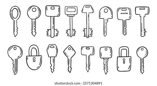 Sketch hand drawn doodle key icon set. Vintage locks and keys. Outline decor security elements collection. Vector illustration