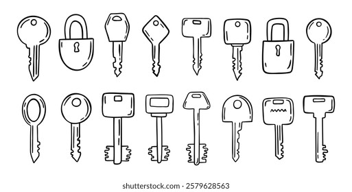 Sketch hand drawn doodle key icon set. Vintage locks and keys. Outline decor security elements collection. Vector illustration