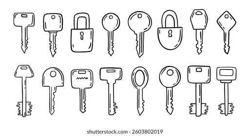 Sketch hand drawn doodle key icon set. Vintage locks and keys. Outline decor security elements collection. Vector illustration