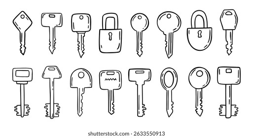 Conjunto de iconos de clave de doodle dibujado a mano. Cerraduras y llaves de Antiguas. Colección de Elementos de seguridad de decoración de contorno. Ilustración vectorial