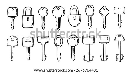 Sketch hand drawn doodle key icon set. Vintage locks and keys. Outline decor security elements collection. Vector illustration