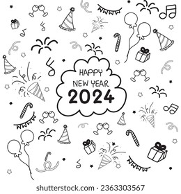 Sketch hand drawn doodle set of new year objects and descriptions, Happy new year 2024.