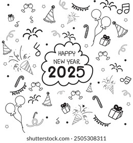 Sketch hand drawn doodle set of new year objects and descriptions, Happy new year 2025.