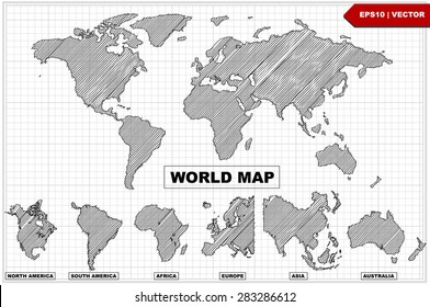 Sketch Of Hand Drawn Doodle  World Map Line  ,vector Illustration