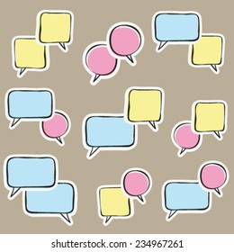 sketch hand drawn double speaking bubbles, dialog template, collection of nine isolated design objects