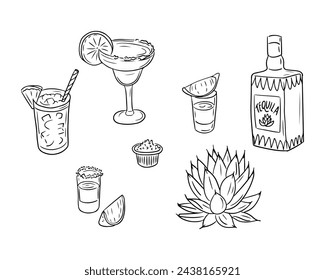 Sketch hand drawn drawings of tequila drinks. Vector black outline drawings on white background. Ideal for decoration, coloring pages, stickers, tattoo, pattern