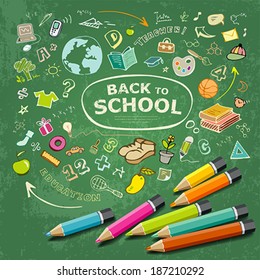 Sketch hand drawn education icons and colorful pencils idea on green background, vector illustration