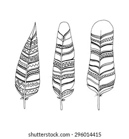 Sketch hand drawn feathers set. Line art feathers in ethnic indian style. Vector EPS 10