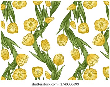 Sketch hand drawn floral pattern with yellow tulip flowers, green leaves isolated on white background. Vintage botanical wallpaper for textile, fabric. Drawing art line plant. Vector illustration.