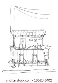 Sketch hand drawn, Front view bubble tea and crepes shop street food concept, Illustration vector eps10.