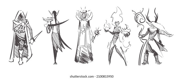 Sketch hand drawn of game races and classes of MMORPG games: Dark elf assassin, thief,druid elf, priest, fire mage