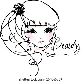 sketch hand drawn girl face, fashion and beauty illustration