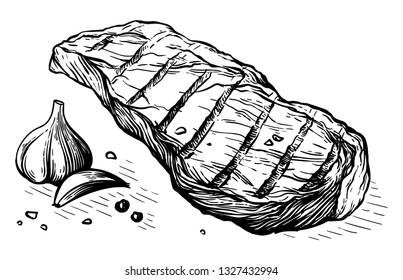 sketch hand drawn Grilled bull steak striploin with garlic, salt and pepper vector illustration