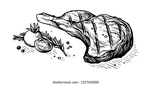 Sketch Hand Drawn Grilled Steak Ribeye With Tomato, Rosemary, Salt And Pepper Vector Illustration