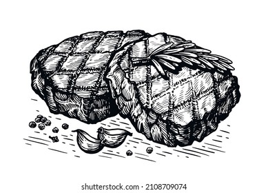 Sketch hand drawn grilled steak with pepper and garlic. Barbecue cooking, meat vector illustration