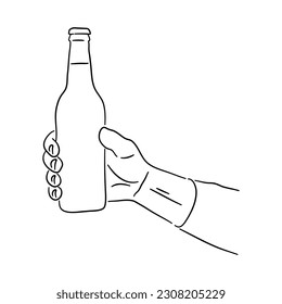 Sketch hand drawn of hand holding a bottle beer. Doodle vector isolated on a white background.