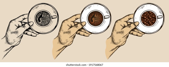 Sketch Hand Drawn Hand Holding A Cup Of Coffee . Mug And Plate With Espresso. Vintage, Retro Background. Turkish Coffee. Vector Illustration. Cafe, Breakfast, Menu, Bar, Restaurant. Line Art, Outline.