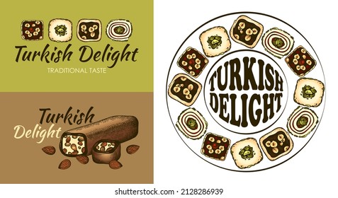 Sketch Hand Drawn Icon Set Of Turkish Delight With Pustachio, Chocolate, Almond, Hazelnut. Line Art Rahat Lokum Logo, Outline Jelly Candy, Sweet Oriental Food, Istanbul Bazzar. Vector Illustration.