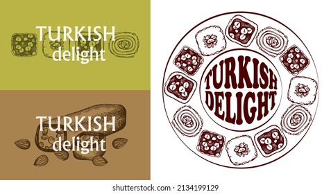 Sketch hand drawn icon set of Turkish Delight with pistachio, chocolate, almond, hazelnut. Line art rahat lokum logo, outline jelly candy, sweet oriental food, Istanbul Bazaar. Vector illustration.