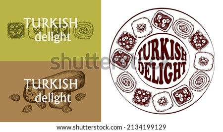 Sketch hand drawn icon set of Turkish Delight with pistachio, chocolate, almond, hazelnut. Line art rahat lokum logo, outline jelly candy, sweet oriental food, Istanbul Bazaar. Vector illustration.