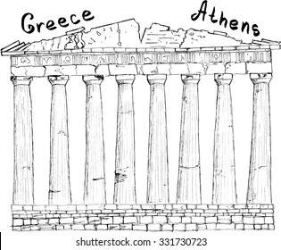 Sketch hand drawn illustration architecture landmark of Greece Athens Parthenon lettering vector