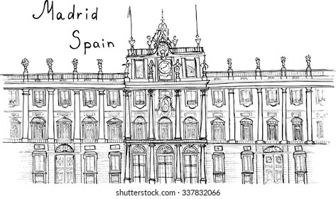 Sketch hand drawn illustration architecture landmark of Madrid Spain Palacio Real with lettering vector