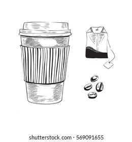 Sketch hand drawn illustration of paper cup of coffee or tea, tea bag, coffee beans. Vector illustration