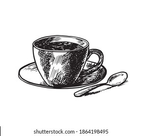 Sketch hand drawn image of cup with coffee. Coffee time. Message on a paper napkin. Lifestyle motivation concept