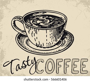 Sketch hand drawn image of cup with coffee. Coffee time.