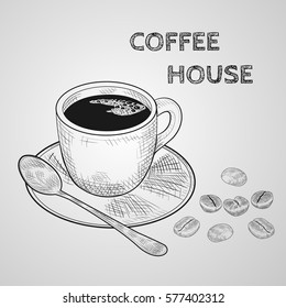Sketch hand drawn image of cup with coffee, coffee beans, a teaspoon. Coffee house. Isolated on white background.