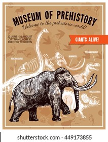 Sketch hand drawn invitation to museum of prehistory poster with mammoth and dinosaurs on beige background with rock paintings and footprints vector illustration