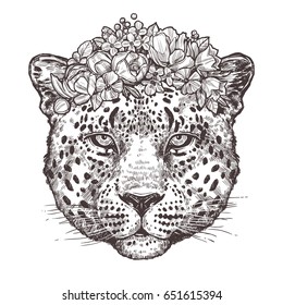 Sketch Hand Drawn Leopard Head With Flower Wreath In Black And White Style