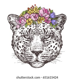 Sketch Hand Drawn Leopard Head With Color Flower Wreath