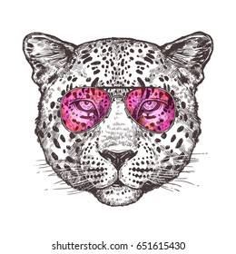 Sketch Hand Drawn Leopard Head With Sunglasses