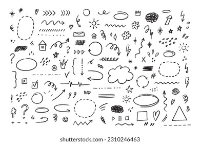 Sketch hand drawn line set of simple decorative elements. Various icons such as hearts, stars, speech bubbles, arrows, lines isolated on white background.