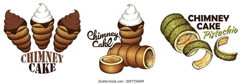 Sketch hand drawn logo of Chimney cake with ice cream, pistachio, chocolate, whipped cream isolated on white background. Line art drawing trdelnik, trdlo, Czech sweet baked food. Vector illustration.