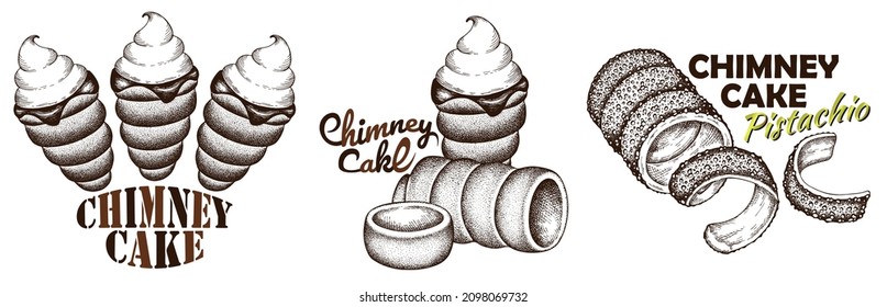 Sketch hand drawn logo of Chimney cake with ice cream, pistachio, chocolate, whipped cream isolated on white background. Line art drawing trdelnik, trdlo, Czech sweet baked food. Vector illustration.