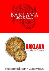 Sketch hand drawn logo of round Turkish baklava isolated on white and red background. Outline drawing Oriental sweets label for food packaging. Pistachio, walnut, almond, honey. Vector illustration.