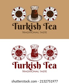 Sketch hand drawn logo of Turkish tea. Outline drawing cup of black tea. Traditional arabic hot drink in tulip shape mug. Vintage background for Istanbul cafe. Turkish beverage. Vector illustration.