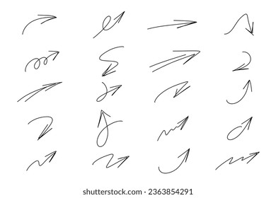 Sketch hand drawn marker arrows, underline,  lines, emphasis, waves set. Hand drawn brush arrow check mark underline. Vector freehand illustration on white background.