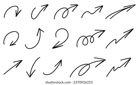 Sketch Hand drawn marker arrows, underline,  lines, emphasis, waves set. Brush arrow check mark underline. Vector freehand illustration isolated on white background.