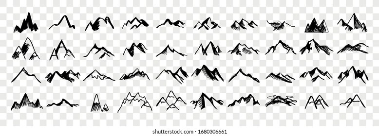 Sketch, hand drawn mountain peaks set collection. Scribbles. Pen, pencil, ink hand drawn mountain peaks. Sketch of different form and height mountains isolated on transparent background. Vector