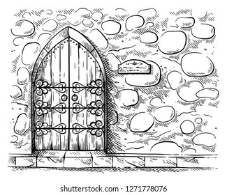 sketch hand drawn old double arched wooden door in stone wall castle vector illustration