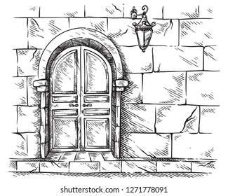 sketch hand drawn old double arched wooden door in stone wall vector illustration