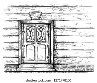 sketch hand drawn old double rectangular wooden door in wall vector illustration