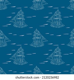 Sketch hand drawn outline contour sailing boat on blue background. Vector illustration.