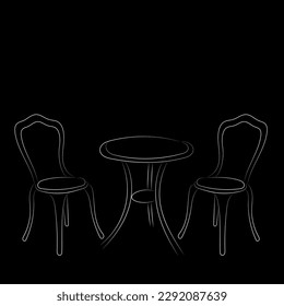 Sketch of hand drawn outline table and two chairs, white on black, cafe, restaurant