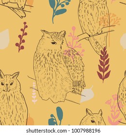 Sketch hand drawn owls, background, seamless pattern