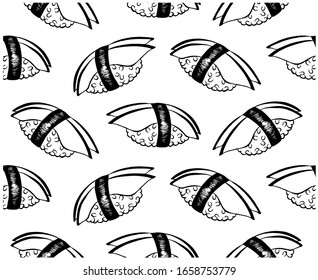 Sketch hand drawn pattern with black japanese sushi with rice ball, slice avocado, nori isolated on white background. Engraved wallpaper for menu, cafe, restaurant with asian food. Vector illustration