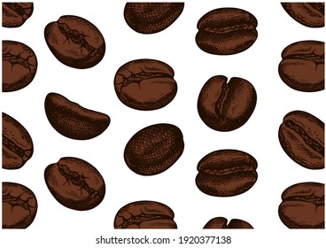 Esbozar el patrón dibujado a mano con granos de café marrones realistas aislados en fondo blanco. Arte de línea, contorno. Espresso, capuchino, latte. Fondo de escritorio para café, menú, bar, empaque. Ilustración vectorial.